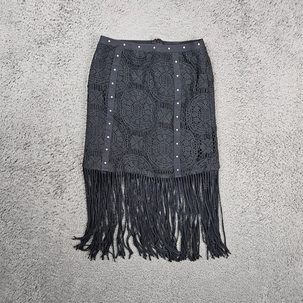 IDYLLWIND Black Crochet Fringe Midi Skirt XS TP Studded Festival Boho‎